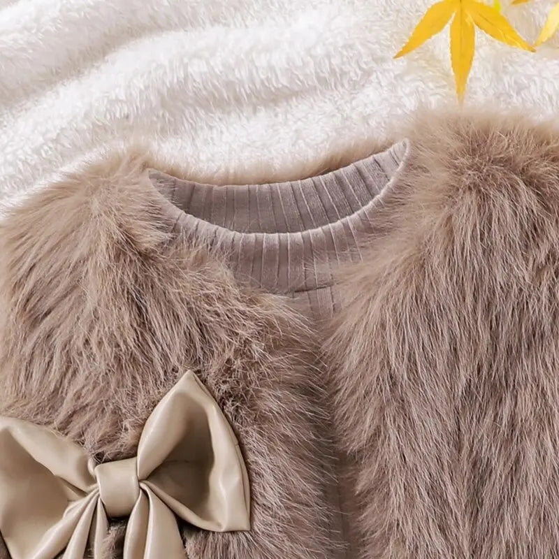 Fur Vest Skirt Three-piece Set Girls Suit  Autumn New Children Clothes Korean Baby Girls Fashion Casual Simple and Cute