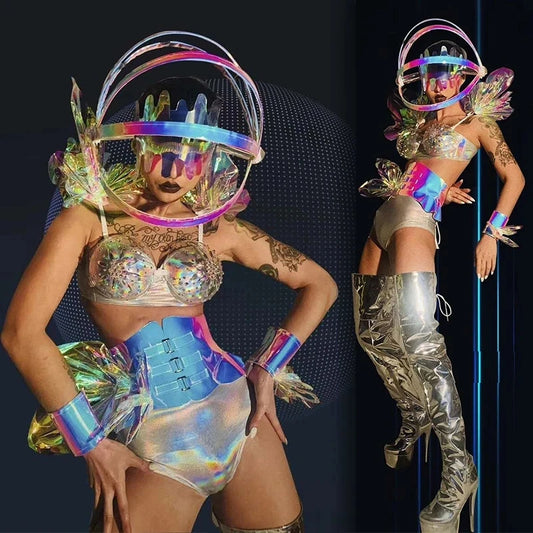 Future Sense Gogo Dance Costume Sexy Bikini Pole Dance Clothes Laser Helmet Headwear Nightclub Dancer Rave Outfit