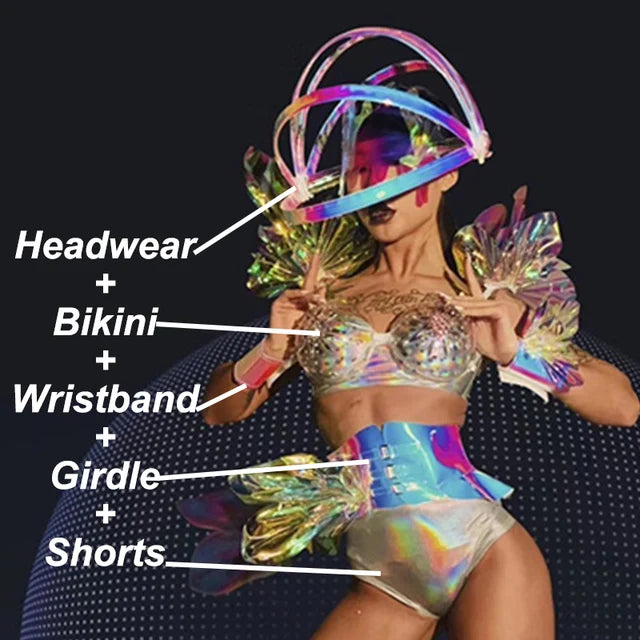 Future Sense Gogo Dance Costume Sexy Bikini Pole Dance Clothes Laser Helmet Headwear Nightclub Dancer Rave Outfit