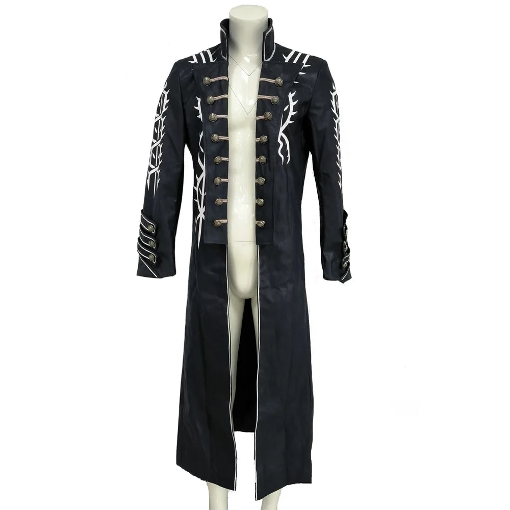 Game DMC5 Costume Coat Devil Hunter Vergil Cosplay Long Jacket with Buttons Pattern Details Customizable