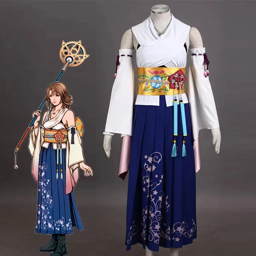 Game FFX Yuna Cosplay Costume Women Girls Fantasia Kimono Dress Uniform Suit Halloween Carnival Party Comic Con Gown