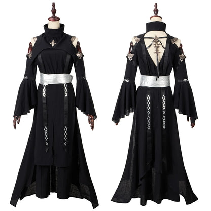 Game Ff14 Asphodelos Chiton of Healing Cosplay Costume Turtleneck Sexy Open Back Black Dress Pants Headgear Halloween Outfits