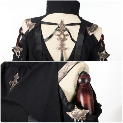 Game Ff14 Asphodelos Chiton of Healing Cosplay Costume Turtleneck Sexy Open Back Black Dress Pants Headgear Halloween Outfits