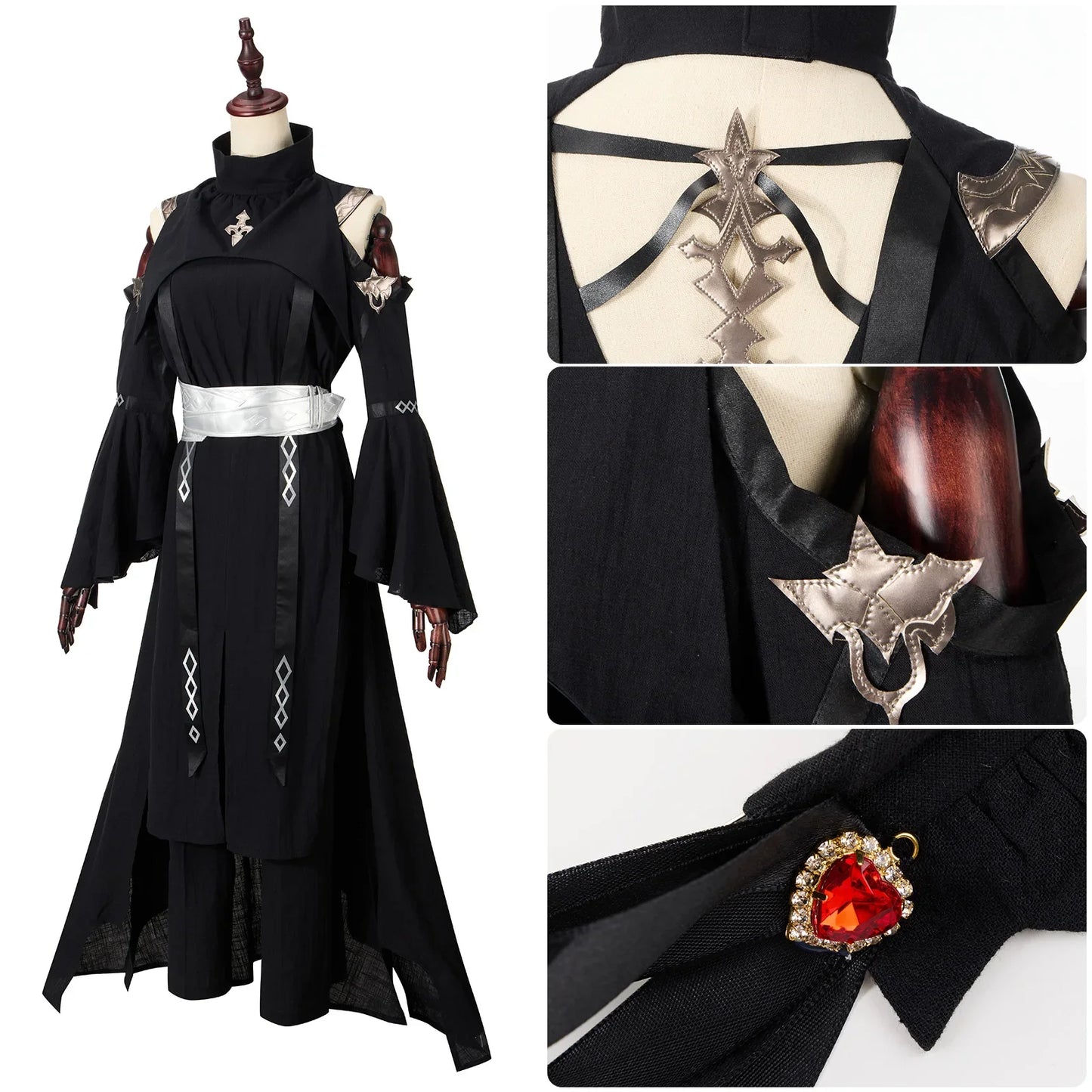 Game Ff14 Asphodelos Chiton of Healing Cosplay Costume Turtleneck Sexy Open Back Black Dress Pants Headgear Halloween Outfits