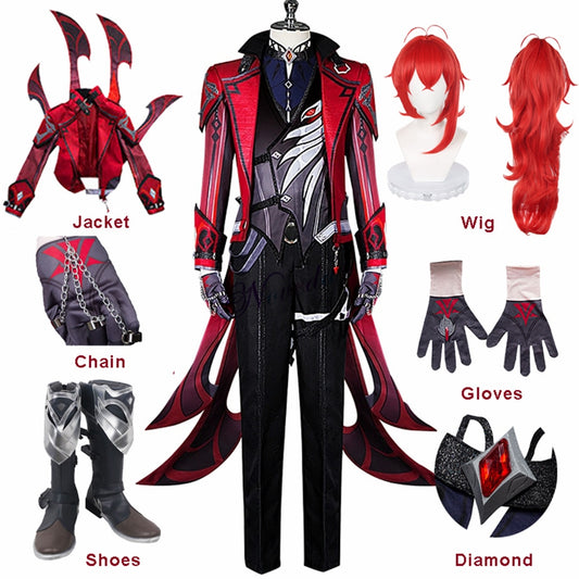 Game Genshin Impact Diluc Red Dead of Night Cosplay Costume Wig Shoes Anime Genshin Diluc Cosplay Clothes Skin