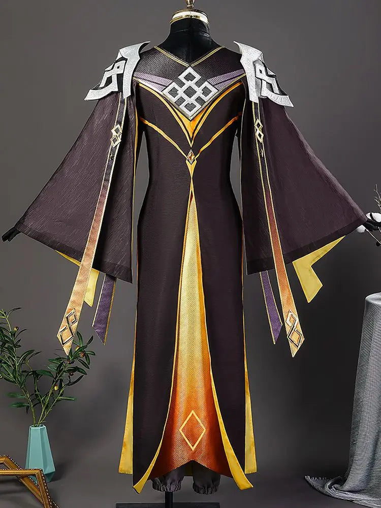 Game Genshin Impact Zhongli Cosplay Costume Adult Men Retro Exquisite Robe Uniform Halloween Carnival Party Archon Suits