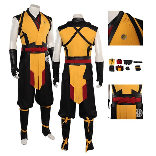 Game Mortal Cos Kombat Scorpion Cosplay Costume Men Uniform Top Pants Belt Gloves Outfits Halloween Carnival Party Suit