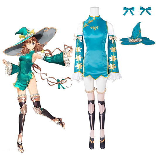 Game Cosplay Costume Blue Dress Set Women Elf Blue Outfits With Hat Full Set