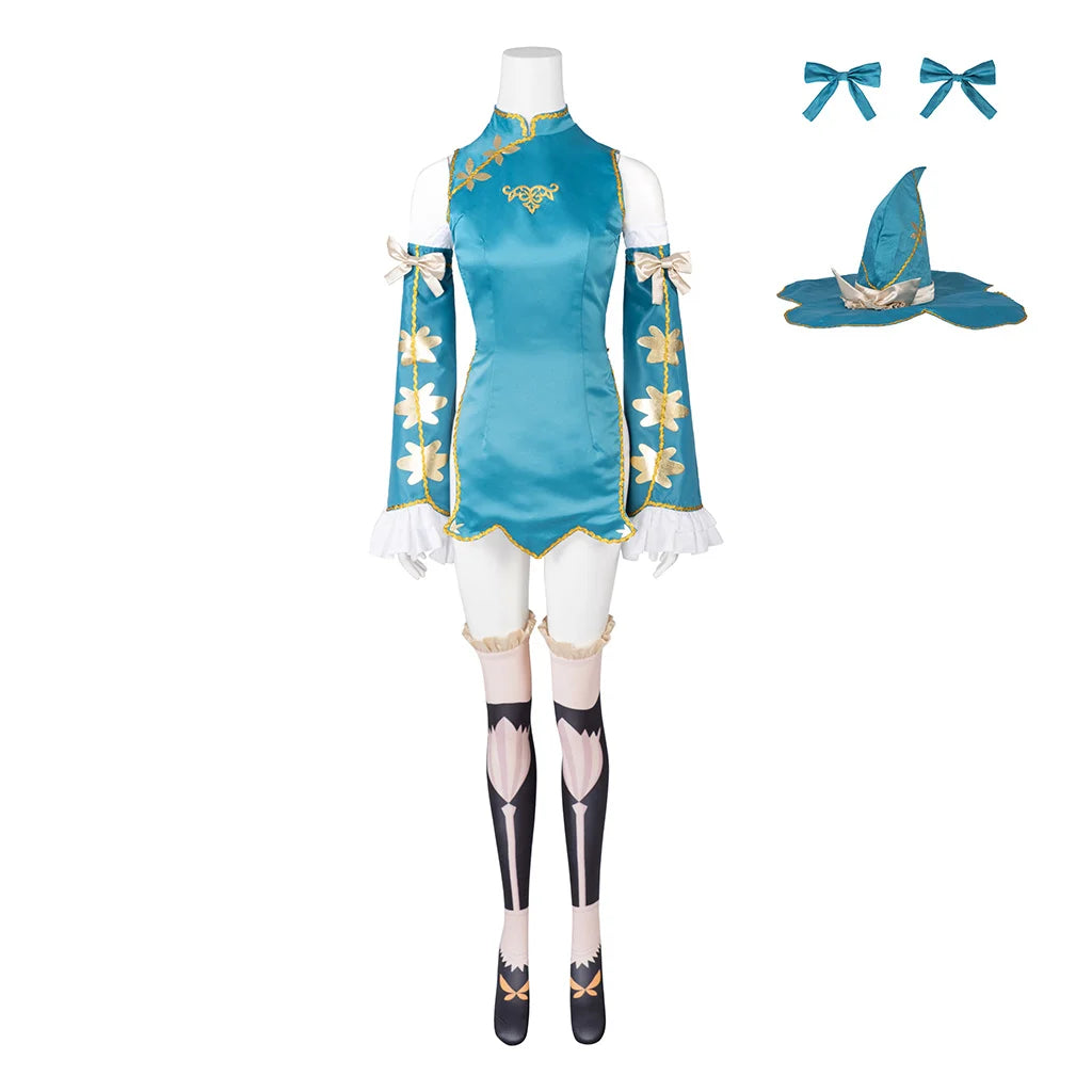 Game Cosplay Costume Blue Dress Set Women Elf Blue Outfits With Hat Full Set