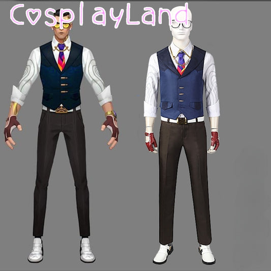 Game Valorant Chamber Cosplay Costume Valorant Uniform Outfits White Shirt Vest Pants Belt Gloves Tie Men Suit Custom Made