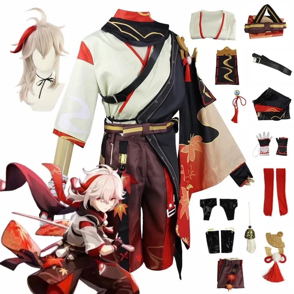 Genshin Impact Kaedehara Kazuha Cosplay Costume Halloween Carnival Samurai Costume Wig Red Glasses