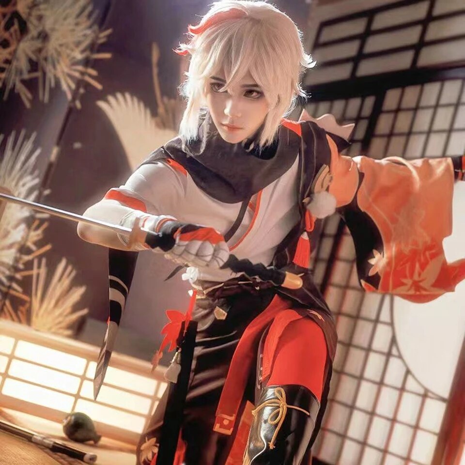 Genshin Impact Kaedehara Kazuha Cosplay Costume Halloween Carnival Samurai Costume Wig Red Glasses