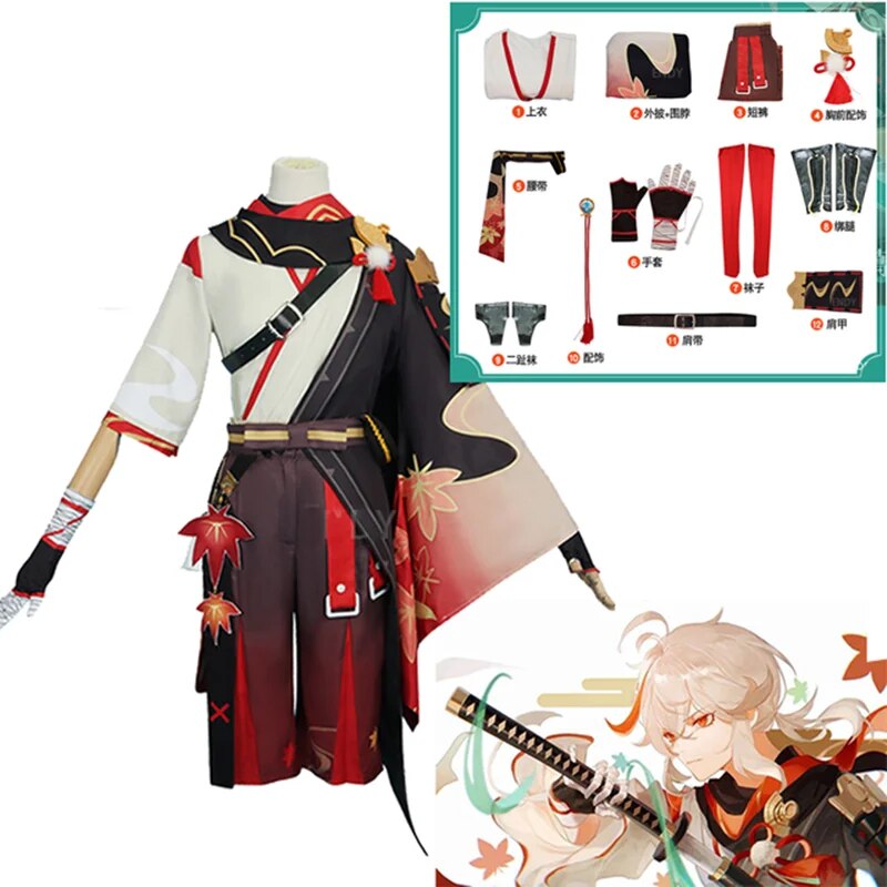 Genshin Impact Kaedehara Kazuha Cosplay Costume Halloween Carnival Samurai Costume Wig Red Glasses