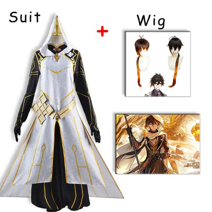 Genshin Impact Rex Lapis Morax Cosplay Costume Zhongli Cosplay Outfits Full Set Wig Gloves Earning Wig Cloak Halloween Game Suit