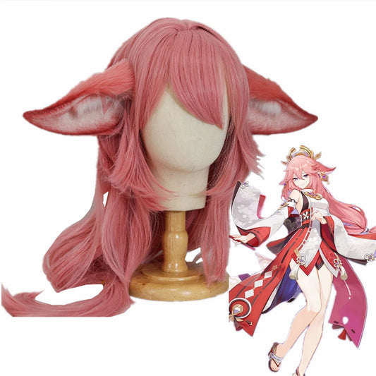 Genshin Impact Yae Miko Cosplay Wig  Fox Ears Hairhoop Headwear Scalp Simulation Pink  Anime Inazuma Yae Miko Cosplay Hair