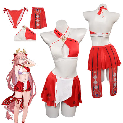 Yae Miko Cosplay Women Swimsuit Costume Outfit Female Girls Sexy Dress Halloween Carnival Party Disguise Swimwear