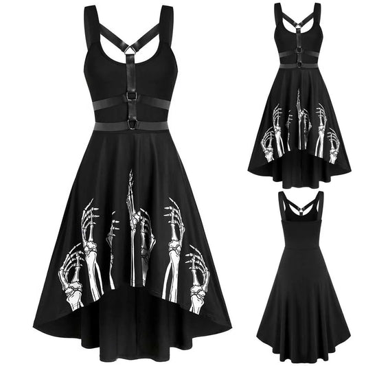 Ghost Claw Print Black Dress Women Gothic Punk Spaghetti Strap Backless Off Shoulder Dresses Female Insert Party Dress Vestidos