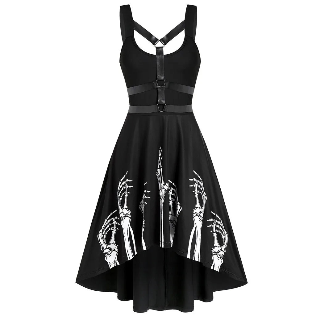 Ghost Claw Print Black Dress Women Gothic Punk Spaghetti Strap Backless Off Shoulder Dresses Female Insert Party Dress Vestidos