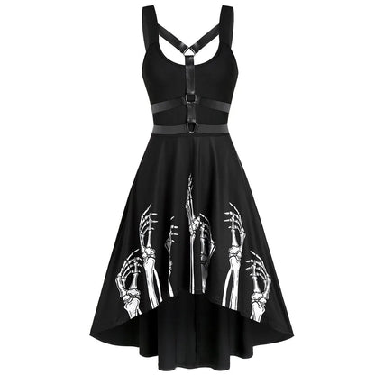 Ghost Claw Print Black Dress Women Gothic Punk Spaghetti Strap Backless Off Shoulder Dresses Female Insert Party Dress Vestidos