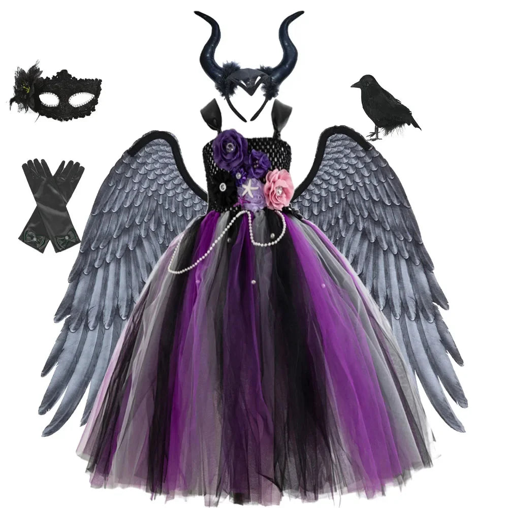 Girls Black Evil Halloween Cosplay Dresses Girls Witch Deluxe Black Glam Tutu Dresses Kids Ball Gown Children's Robe Clothing