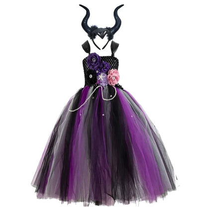 Girls Black Evil Halloween Cosplay Dresses Girls Witch Deluxe Black Glam Tutu Dresses Kids Ball Gown Children's Robe Clothing