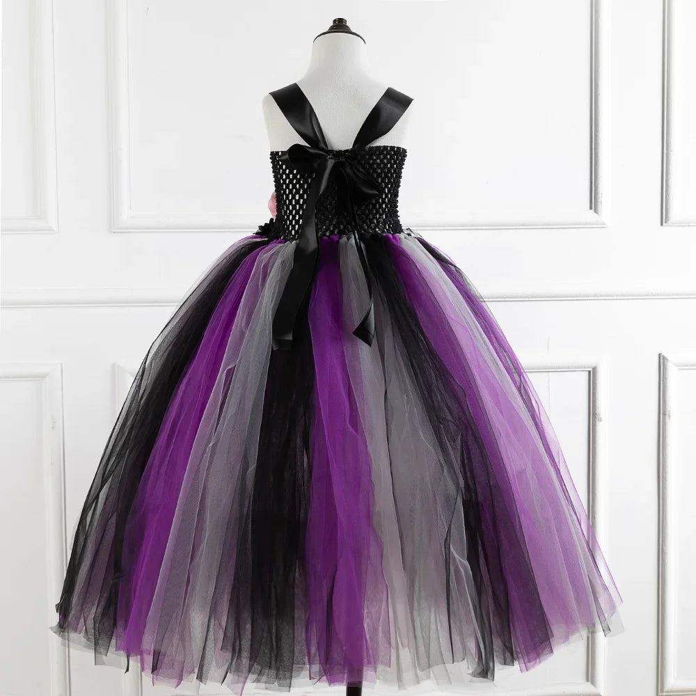 Girls Black Evil Halloween Cosplay Dresses Girls Witch Deluxe Black Glam Tutu Dresses Kids Ball Gown Children's Robe Clothing