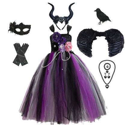 Girls Black Evil Halloween Cosplay Dresses Girls Witch Deluxe Black Glam Tutu Dresses Kids Ball Gown Children's Robe Clothing