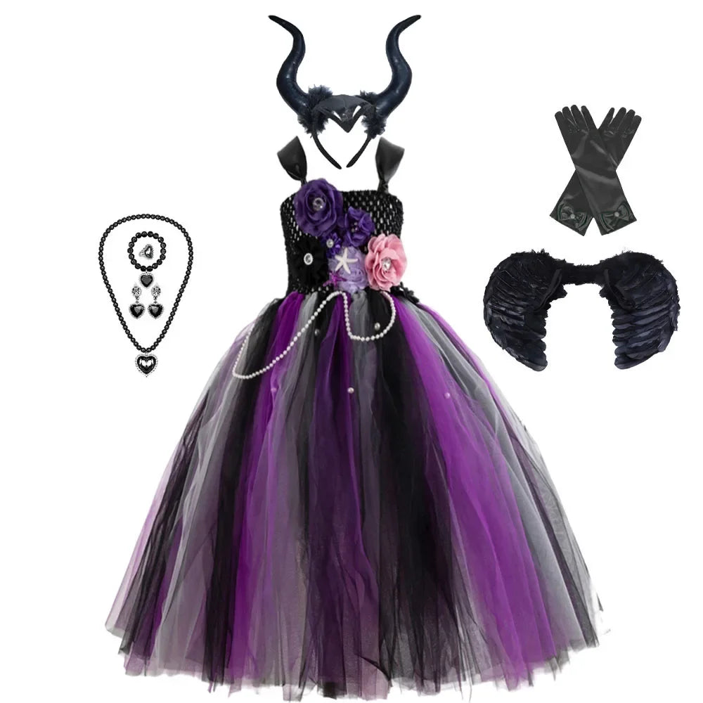 Girls Black Evil Halloween Cosplay Dresses Girls Witch Deluxe Black Glam Tutu Dresses Kids Ball Gown Children's Robe Clothing