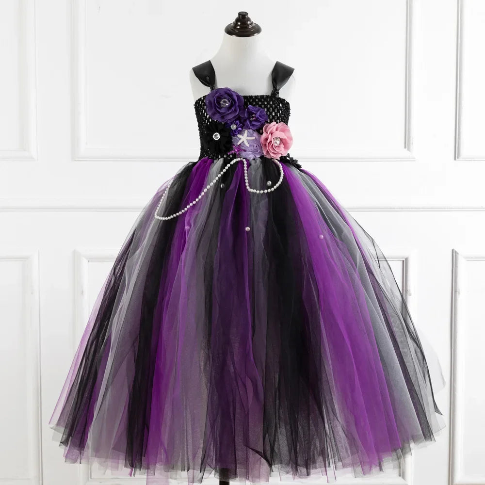 Girls Black Evil Halloween Cosplay Dresses Girls Witch Deluxe Black Glam Tutu Dresses Kids Ball Gown Children's Robe Clothing