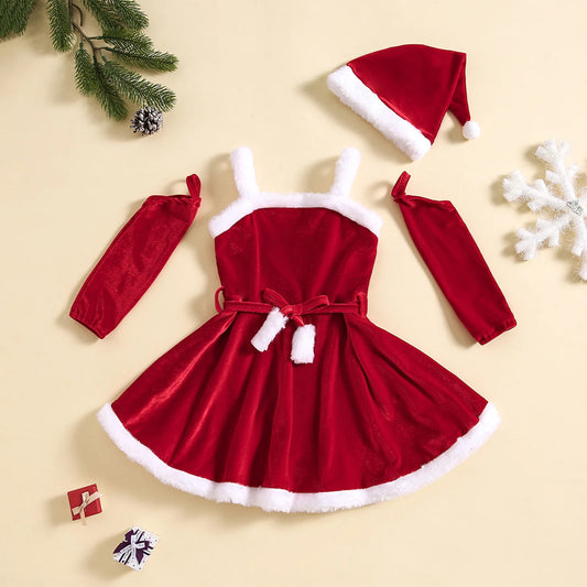 Girls Christmas Dress Sets Autumn Winter Velvet Suspender Dress+Oversleeve+Hat 3pcs Baby Santa Claus Clothes Festival Costume