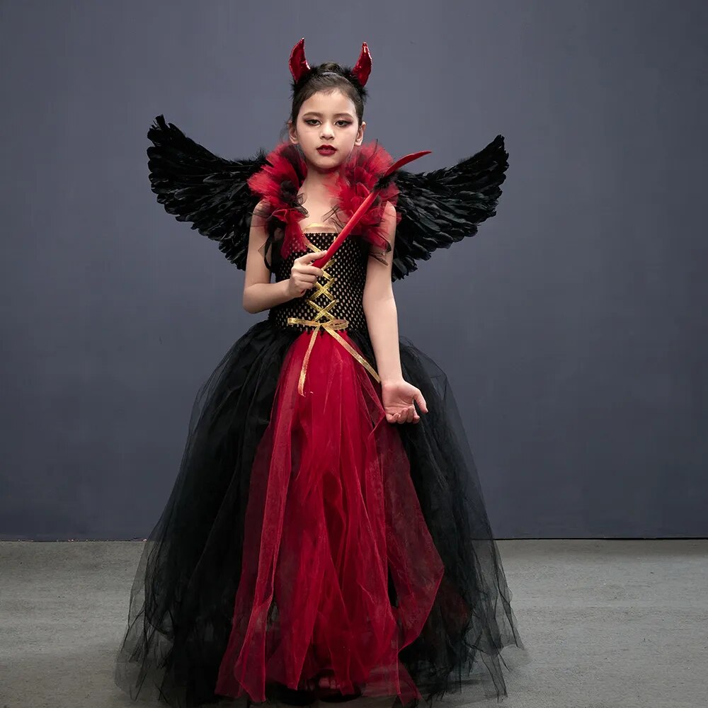 Girls Gothic Vampiress Costume Evil Queen Gown Tutu Dress for Halloween Cosplay Party Clothing Kids Fancy Dress Up Outfit