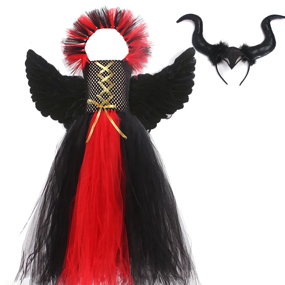 Girls Gothic Vampiress Costume Evil Queen Gown Tutu Dress for Halloween Cosplay Party Clothing Kids Fancy Dress Up Outfit