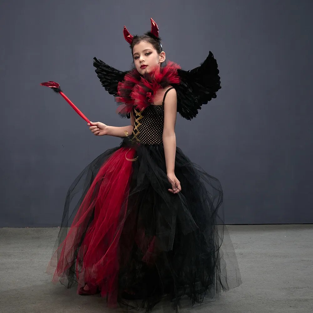 Girls Gothic Vampiress Costume Evil Queen Gown Tutu Dress for Halloween Cosplay Party Clothing Kids Fancy Dress Up Outfit