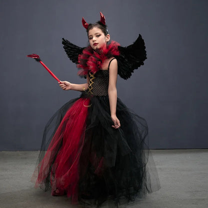 Girls Gothic Vampiress Costume Evil Queen Gown Tutu Dress for Halloween Cosplay Party Clothing Kids Fancy Dress Up Outfit