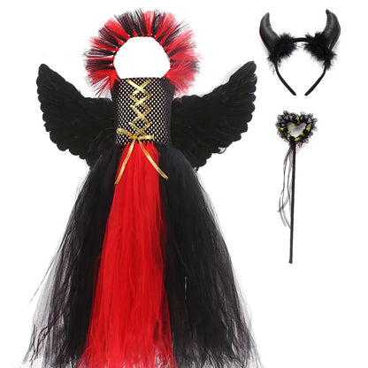 Girls Gothic Vampiress Costume Evil Queen Gown Tutu Dress for Halloween Cosplay Party Clothing Kids Fancy Dress Up Outfit