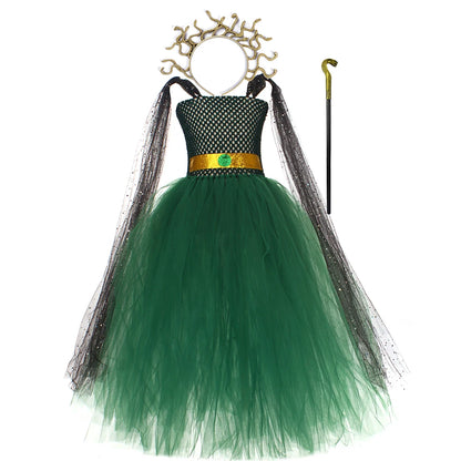 Girls Green Medusa Costume with Headpiece for Kids Halloween Medusa Dresses Greek Roman Kids Fancy Gown Tutu Dress Cosplay