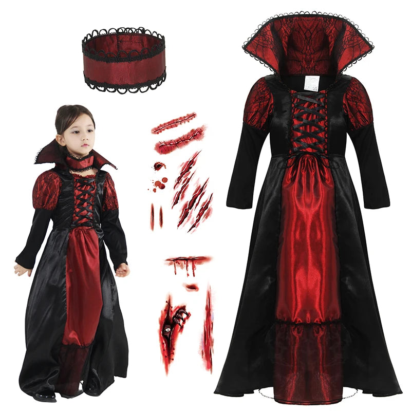 Girls Halloween Costume Vampire Dress Up Child Vampiress Role Play Carnival Party Cosplay Outfits with Stickers