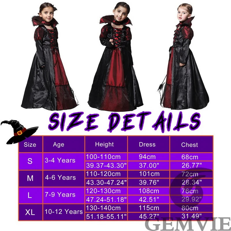 Girls Halloween Costume Vampire Dress Up Child Vampiress Role Play Carnival Party Cosplay Outfits with Stickers