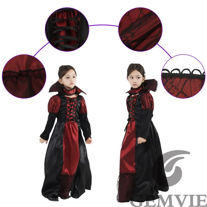 Girls Halloween Costume Vampire Dress Up Child Vampiress Role Play Carnival Party Cosplay Outfits with Stickers