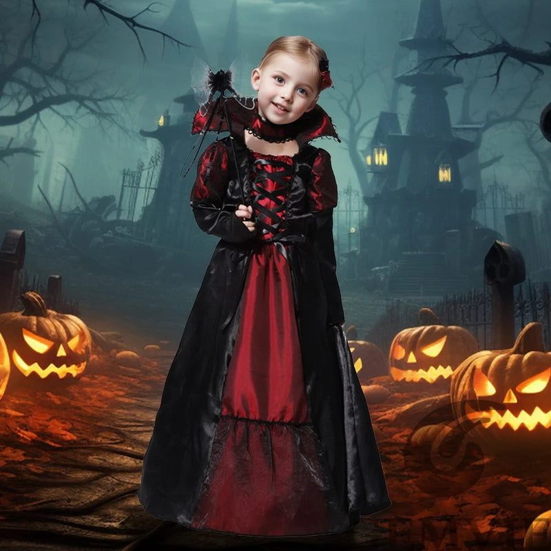 Girls Halloween Costume Vampire Dress Up Child Vampiress Role Play Carnival Party Cosplay Outfits with Stickers