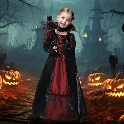 Girls Halloween Costume Vampire Dress Up Child Vampiress Role Play Carnival Party Cosplay Outfits with Stickers