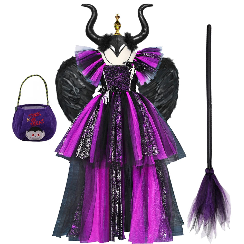 Girls Maleficent Halloween Cosplay  Devil Witch Dress Carnival Party Toddler Kids Bat Costume Infant Dress Up Children Clothing