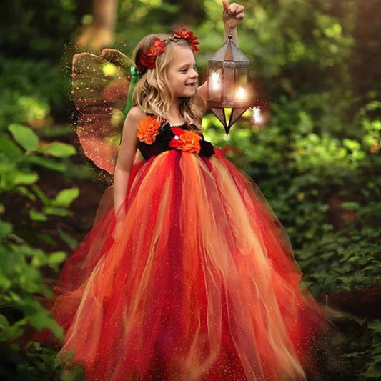 Girls Orange Fairy Tutu Dress Kids Halloween Flower Dress Ball Gown with Butterfly Wing Children Cosplay Costume Party Dresses