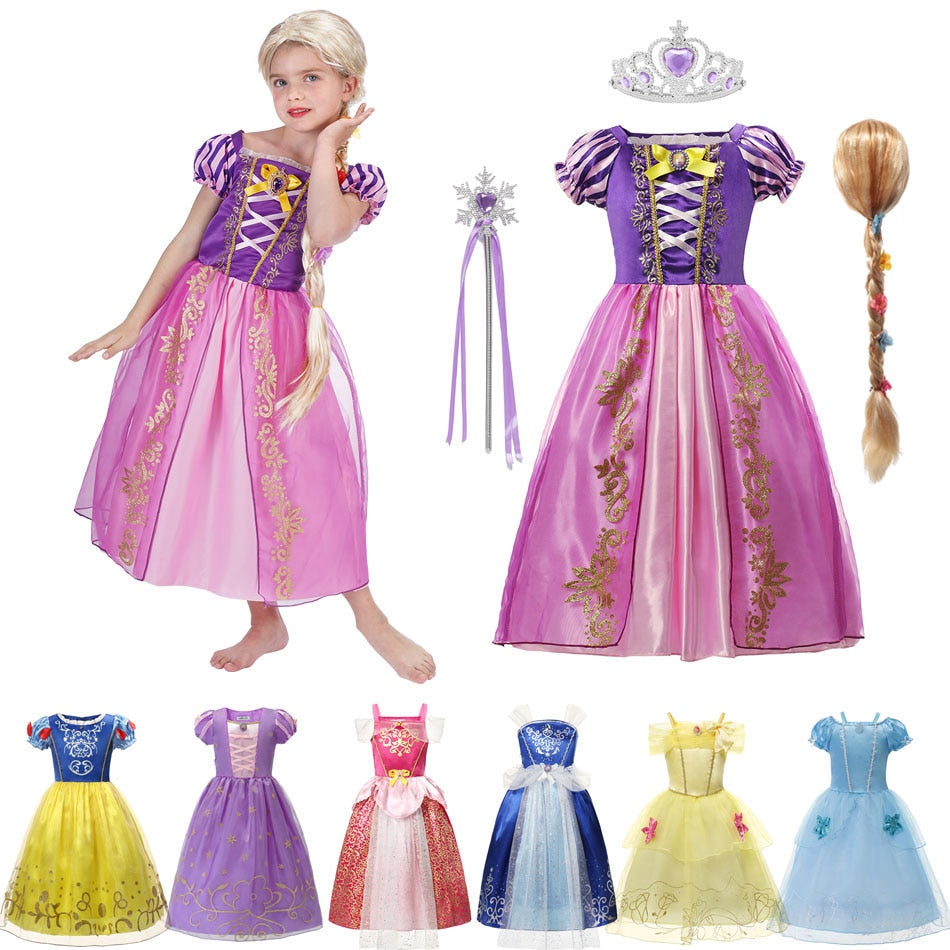 Girls Rapunzel Princess Cosplay Dresses Party Gift Belle Cinderella Aurora Snow White Sofia Mesh Ball Gown Birthday Costume