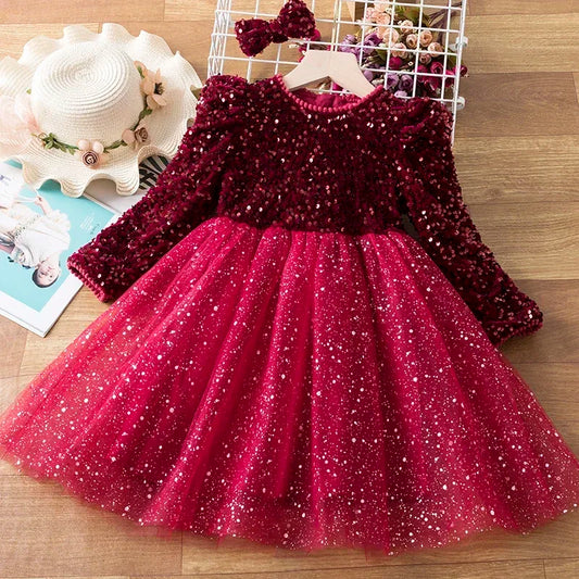 Girls Red Sequined Shining Princess Dress Autumn Winter Full Sleeve Christmas Costume 3-8 Year Kids Birthday Party Tulle Dress