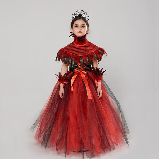 Girls Royal Vampire Costume for Kids Gothic Queen Halloween Dress Up Clothing Fancy Gown Tutu Dress with Feather Sequin Shawl