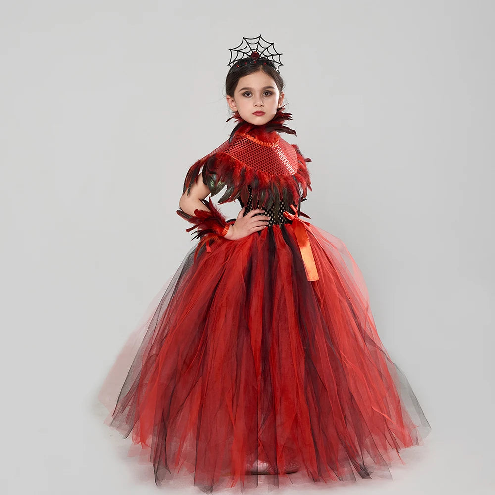 Girls Royal Vampire Costume for Kids Gothic Queen Halloween Dress Up Clothing Fancy Gown Tutu Dress with Feather Sequin Shawl