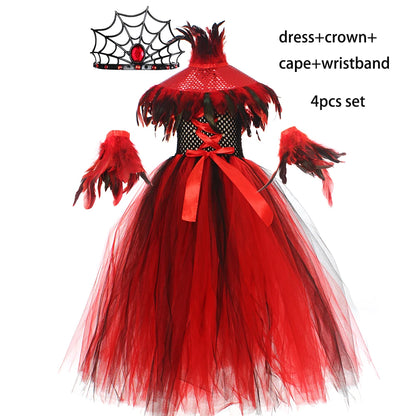 Girls Royal Vampire Costume for Kids Gothic Queen Halloween Dress Up Clothing Fancy Gown Tutu Dress with Feather Sequin Shawl