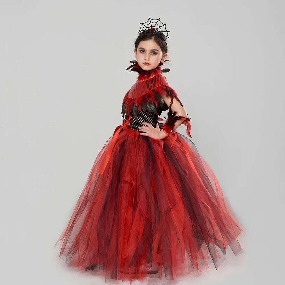 Girls Royal Vampire Costume for Kids Gothic Queen Halloween Dress Up Clothing Fancy Gown Tutu Dress with Feather Sequin Shawl