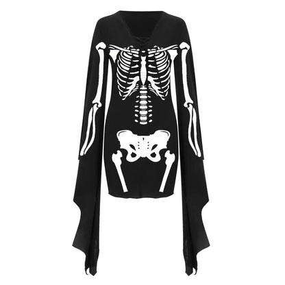 Gothic Dress For Women Flare Sleeve Skeleton Print Dress Lace Up V-Neck Plus Size Dress Halloween Costumes Carnival Party